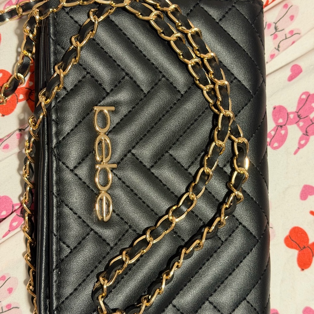 Bebe Black Quilted Wristlet with Gold Chain